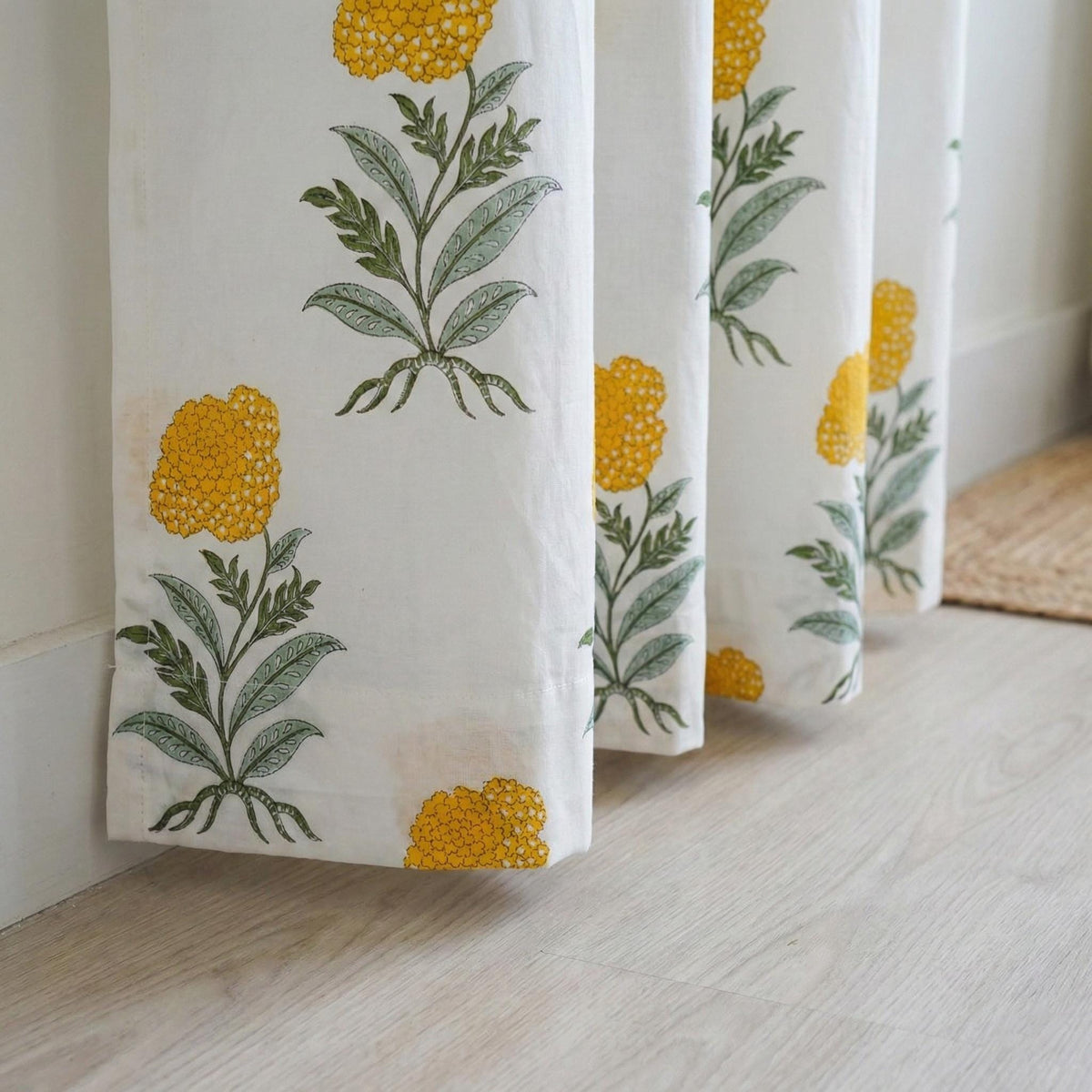 Organic Cotton Block Print Curtains, Mustard Floral, Custom Sizes, Rod Pocket/Back Tab/Grommet/Hook Top — image 1