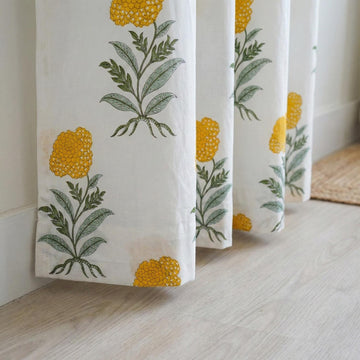 Organic Cotton Block Print Curtains, Mustard Floral, Custom Sizes, Rod Pocket/Back Tab/Grommet/Hook Top — image 1