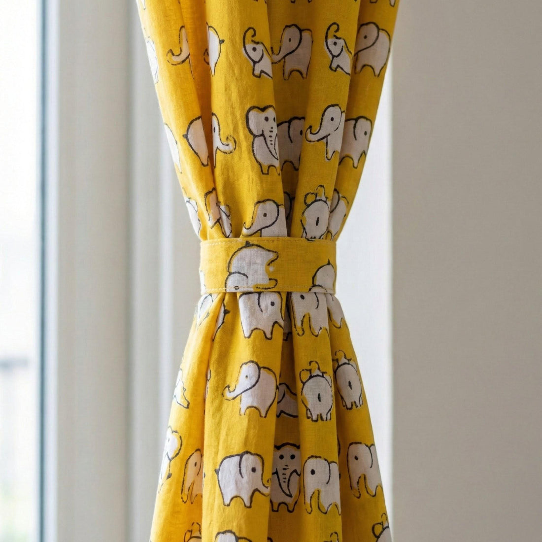 Organic Cotton Elephant Curtains, Mustard Yellow Nursery Decor — image 1