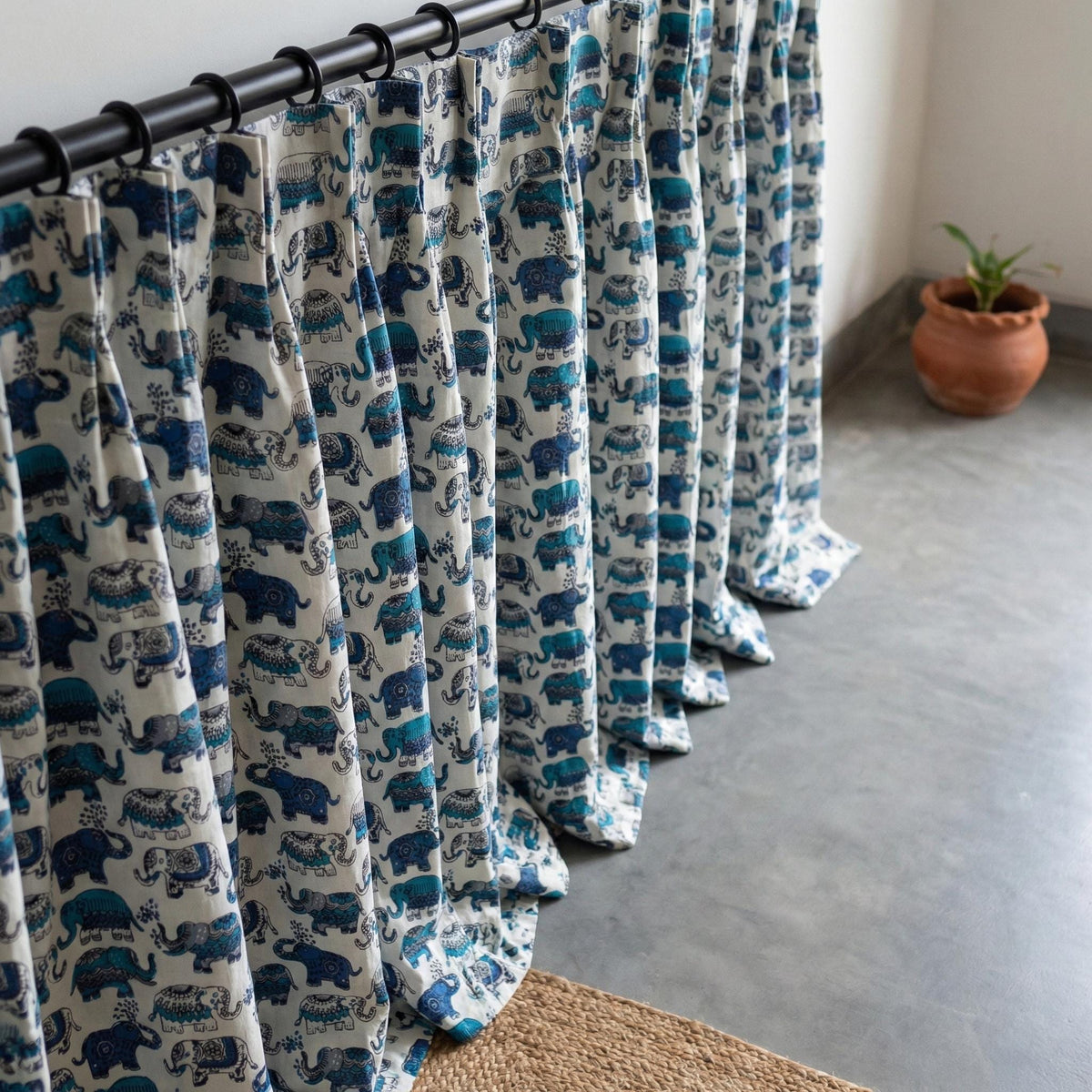 Blue Elephant Block Print Curtains, Organic Cotton Nursery Decor — image 6