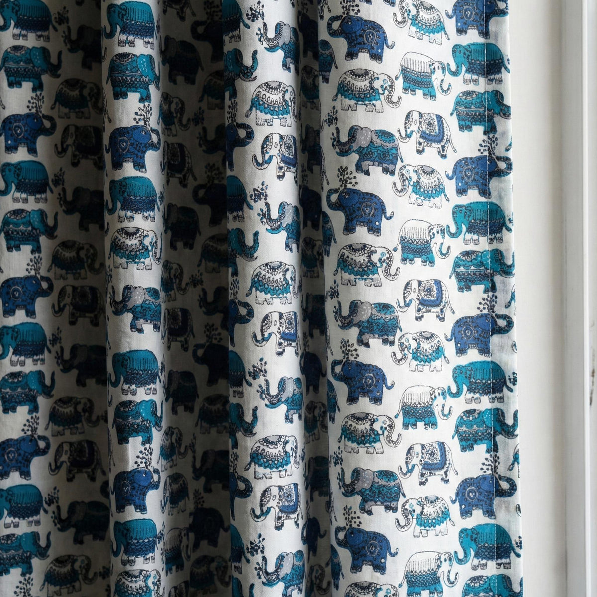 Blue Elephant Block Print Curtains, Organic Cotton Nursery Decor — image 4