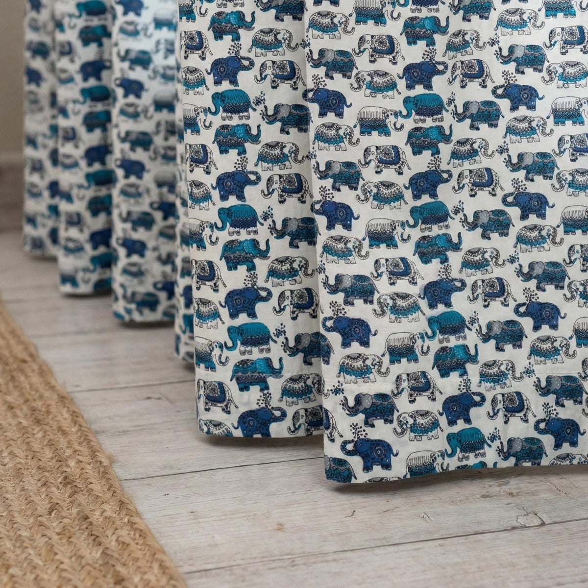 Blue Elephant Block Print Curtains, Organic Cotton Nursery Decor — image 5