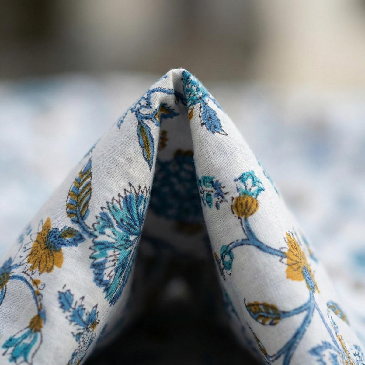 Hand Block Print Curtains, Blue Teal Floral Organic Cotton, Custom Size — image 3