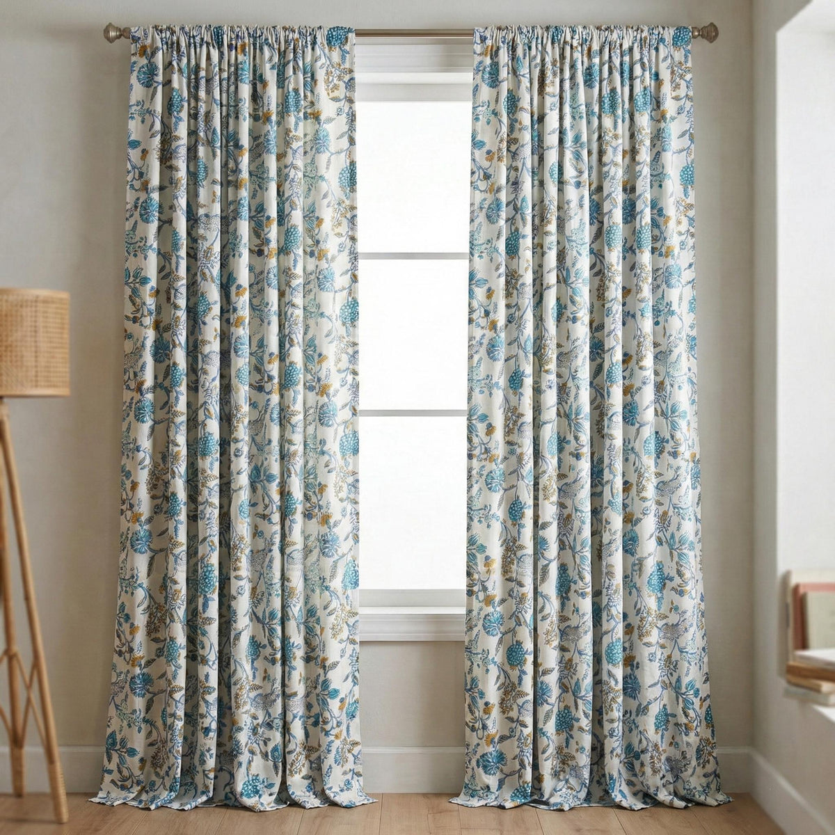 Hand Block Print Curtains, Blue Teal Floral Organic Cotton, Custom Size — image 5
