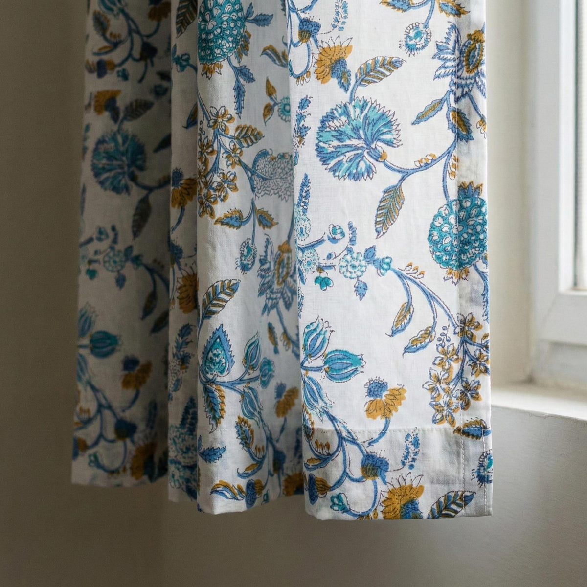 Hand Block Print Curtains, Blue Teal Floral Organic Cotton, Custom Size — image 6