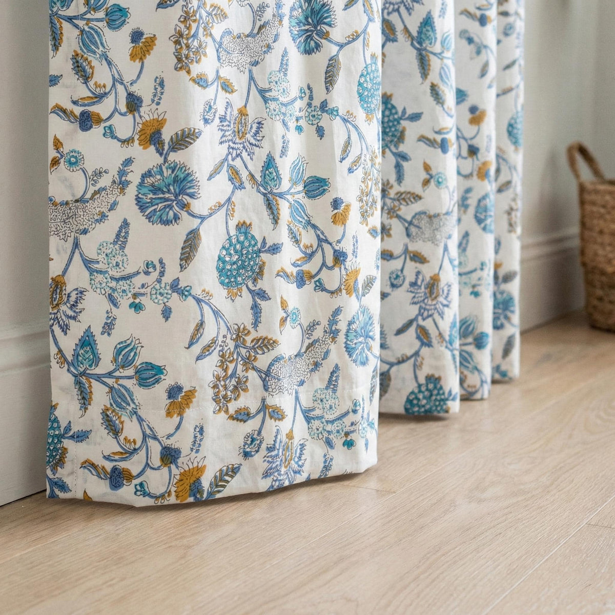 Hand Block Print Curtains, Blue Teal Floral Organic Cotton, Custom Size — image 4