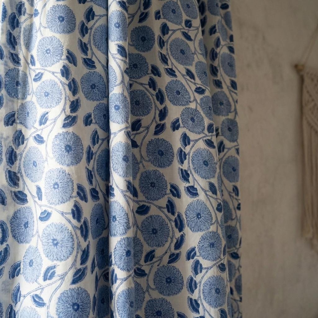 Blue Floral Block Print Curtains, Organic Cotton Drapes, Lined Options — image 6