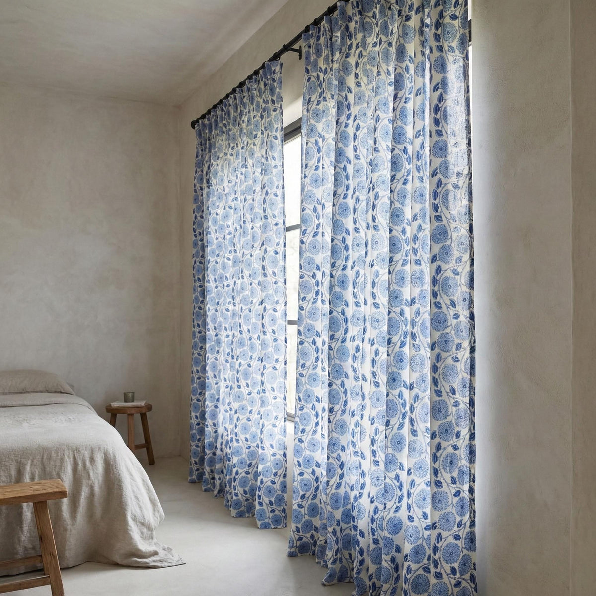 Blue Floral Block Print Curtains, Organic Cotton Drapes, Lined Options — image 7