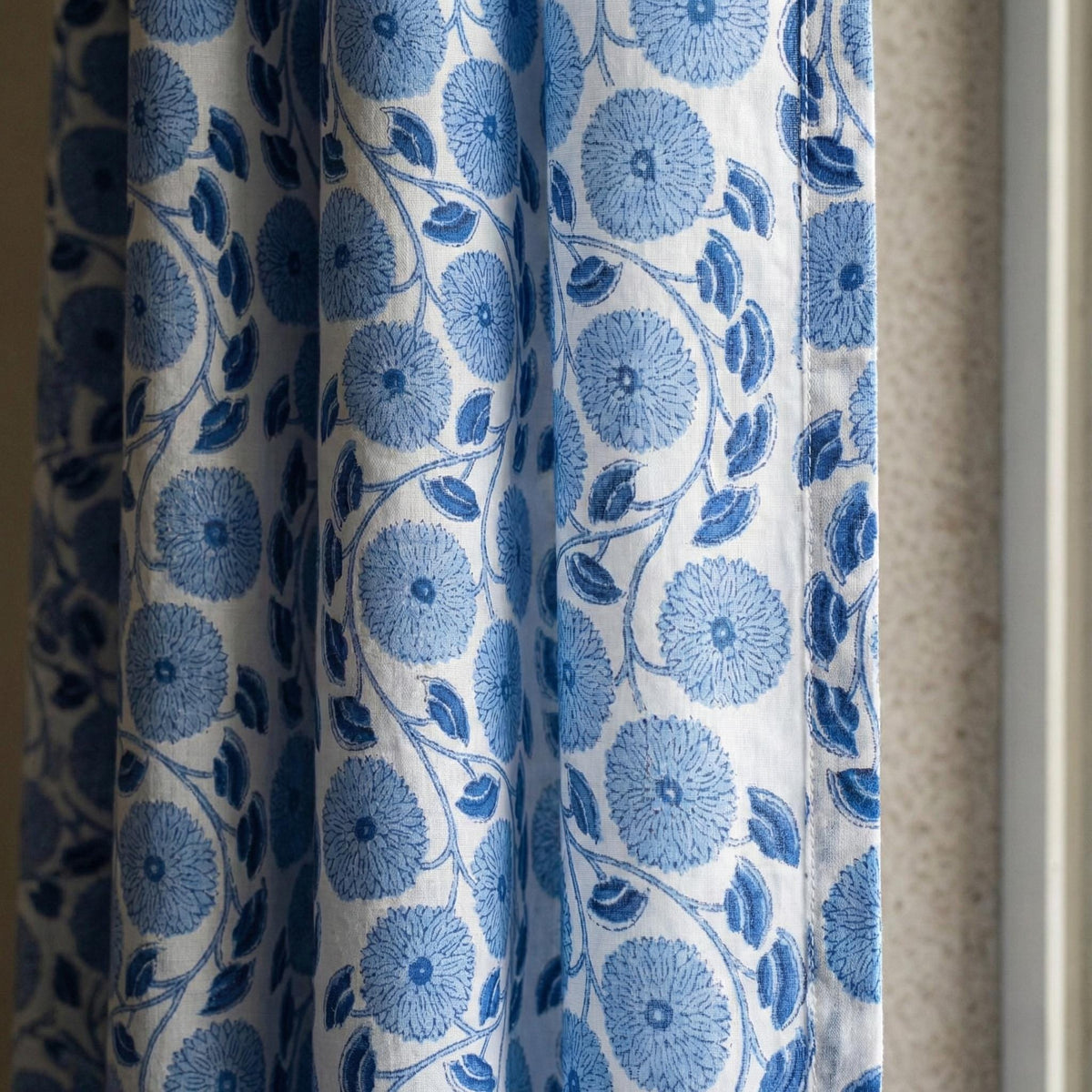 Blue Floral Block Print Curtains, Organic Cotton Drapes, Lined Options — image 1