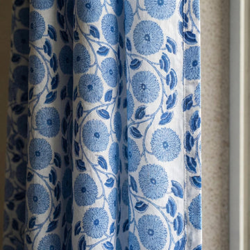 Blue Floral Block Print Curtains, Organic Cotton Drapes, Lined Options — image 1