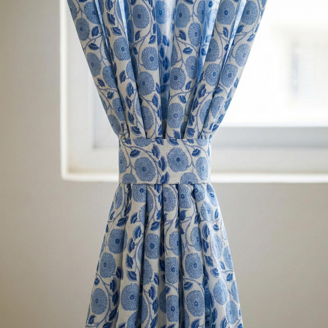 Blue Floral Block Print Curtains, Organic Cotton Drapes, Lined Options — image 1