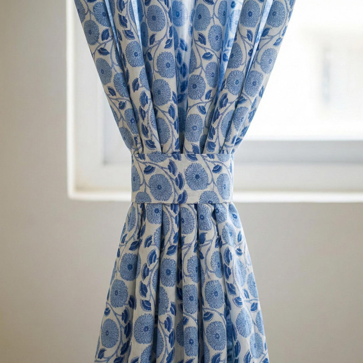 Blue Floral Block Print Curtains, Organic Cotton Drapes, Lined Options — image 2