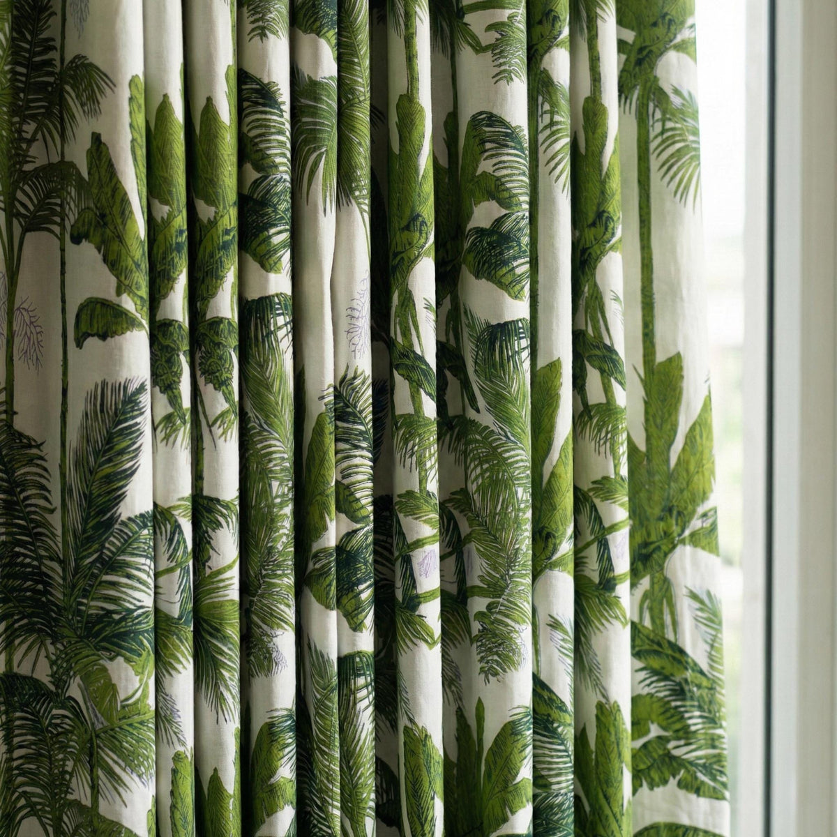 Green Palm Tree Curtains, Organic Cotton Botanical Print, Custom Size — image 1