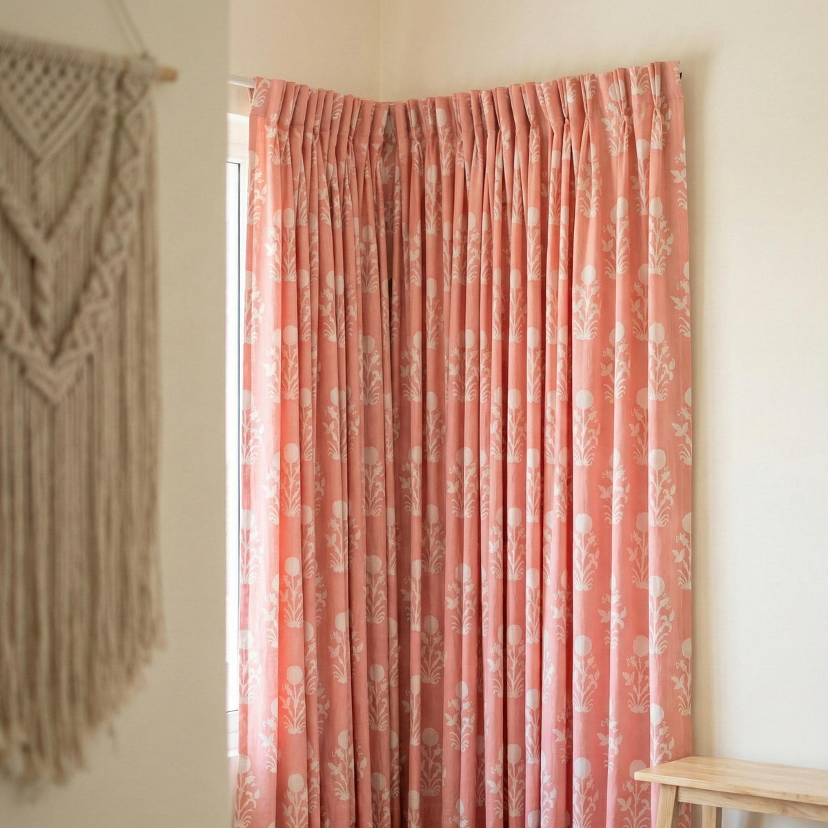 Coral Pink Block Print Curtains, Organic Cotton Floral Drapes, Custom Size — image 6