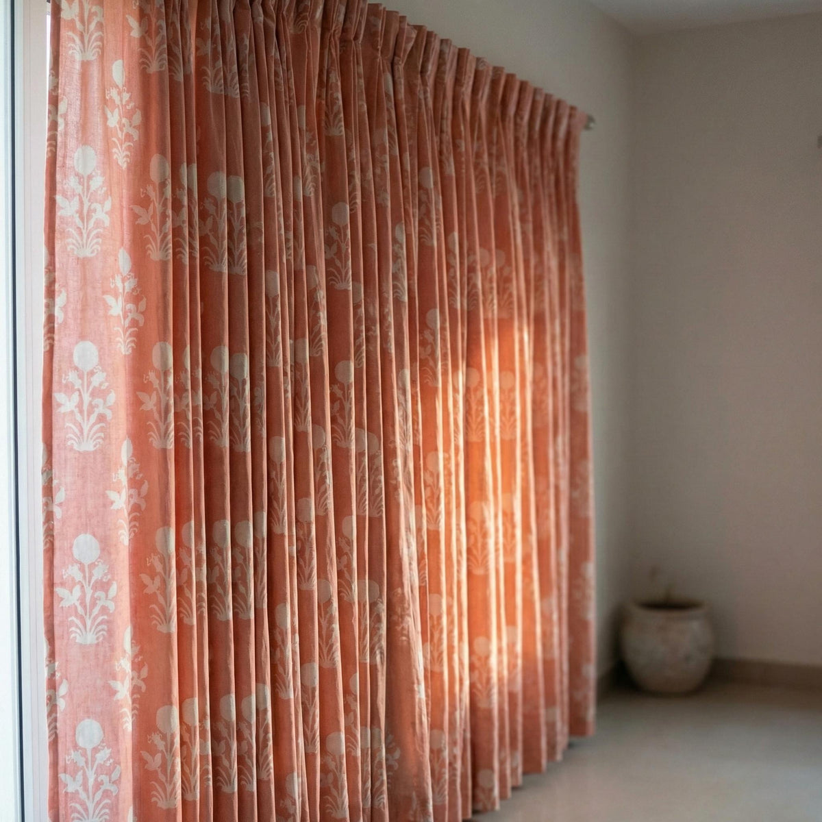 Coral Pink Block Print Curtains, Organic Cotton Floral Drapes, Custom Size — image 8