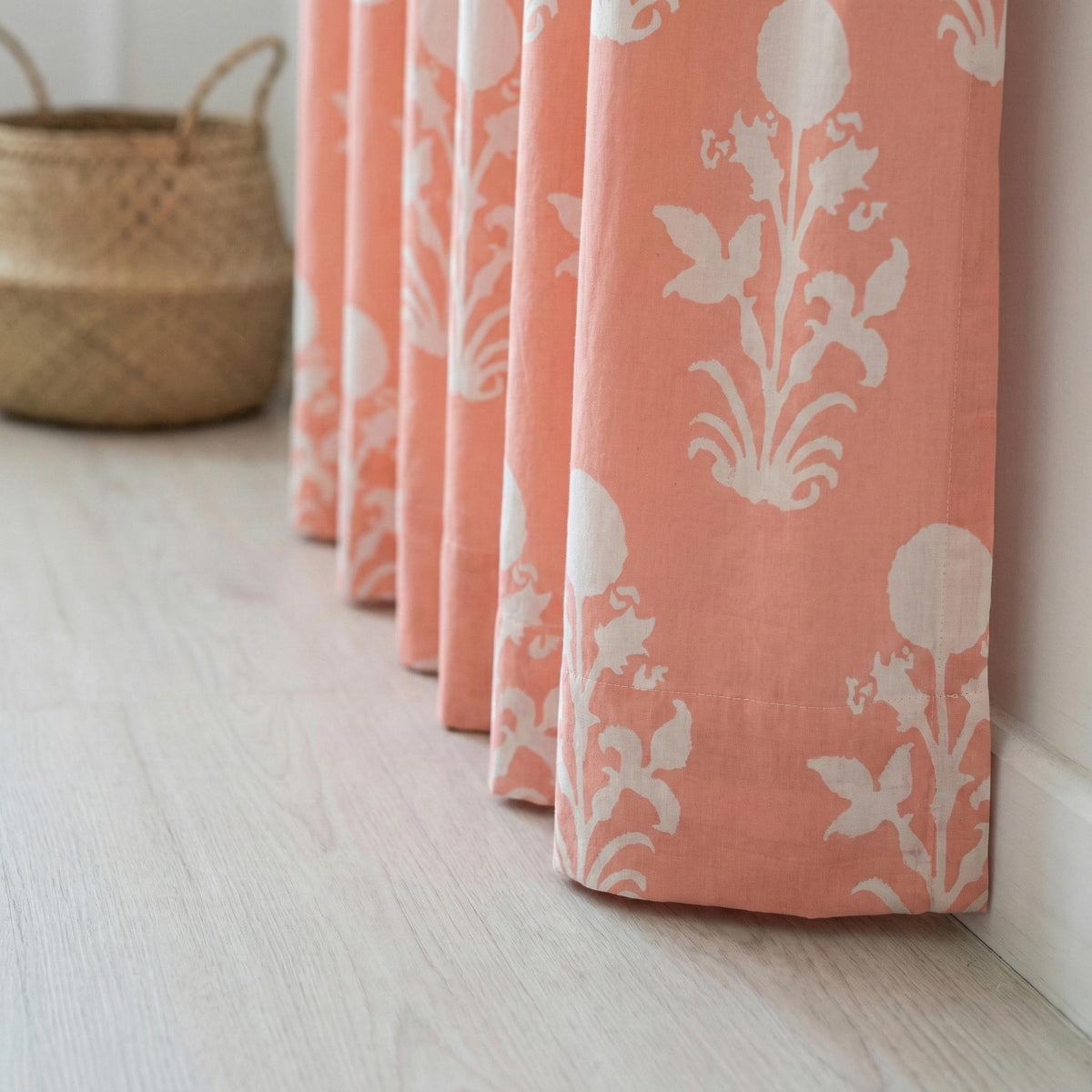 Coral Pink Block Print Curtains, Organic Cotton Floral Drapes, Custom Size — image 3