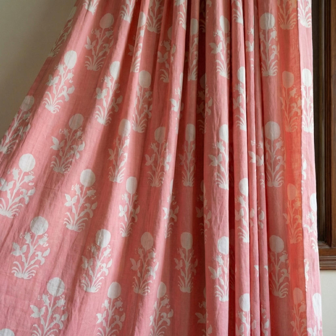 Coral Pink Block Print Curtains, Organic Cotton Floral Drapes, Custom Size — image 1