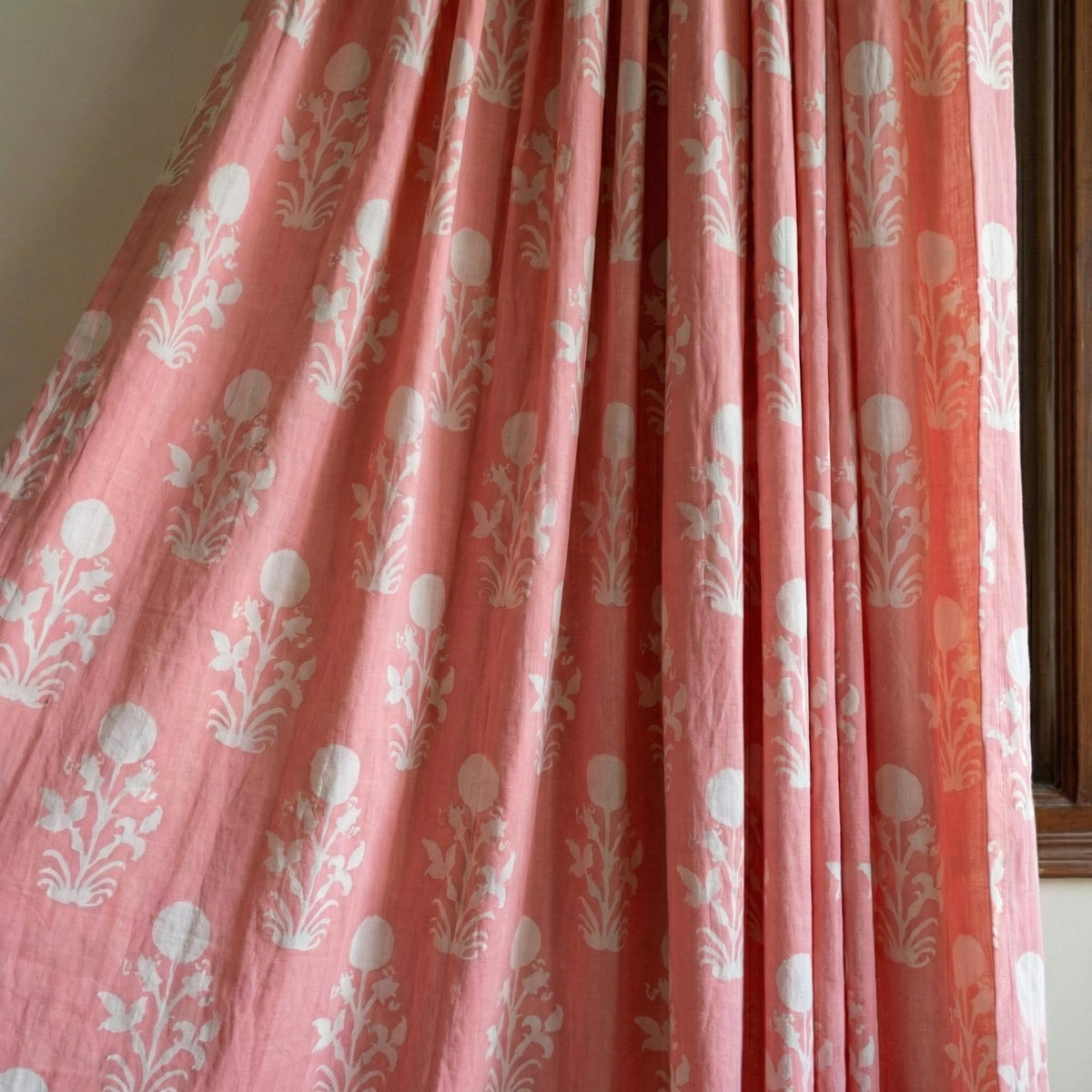 Coral Pink Block Print Curtains, Organic Cotton Floral Drapes, Custom Size — image 1
