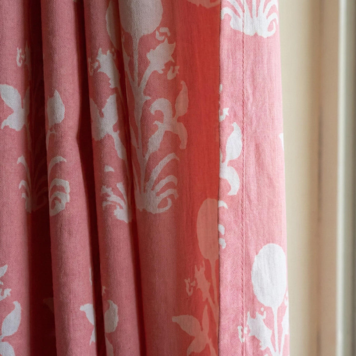 Coral Pink Block Print Curtains, Organic Cotton Floral Drapes, Custom Size — image 4