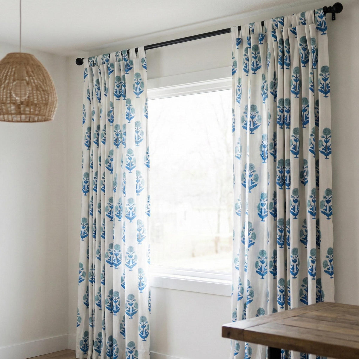 Blue Floral Block Print Organic Cotton Curtain, Custom Drapes — image 8