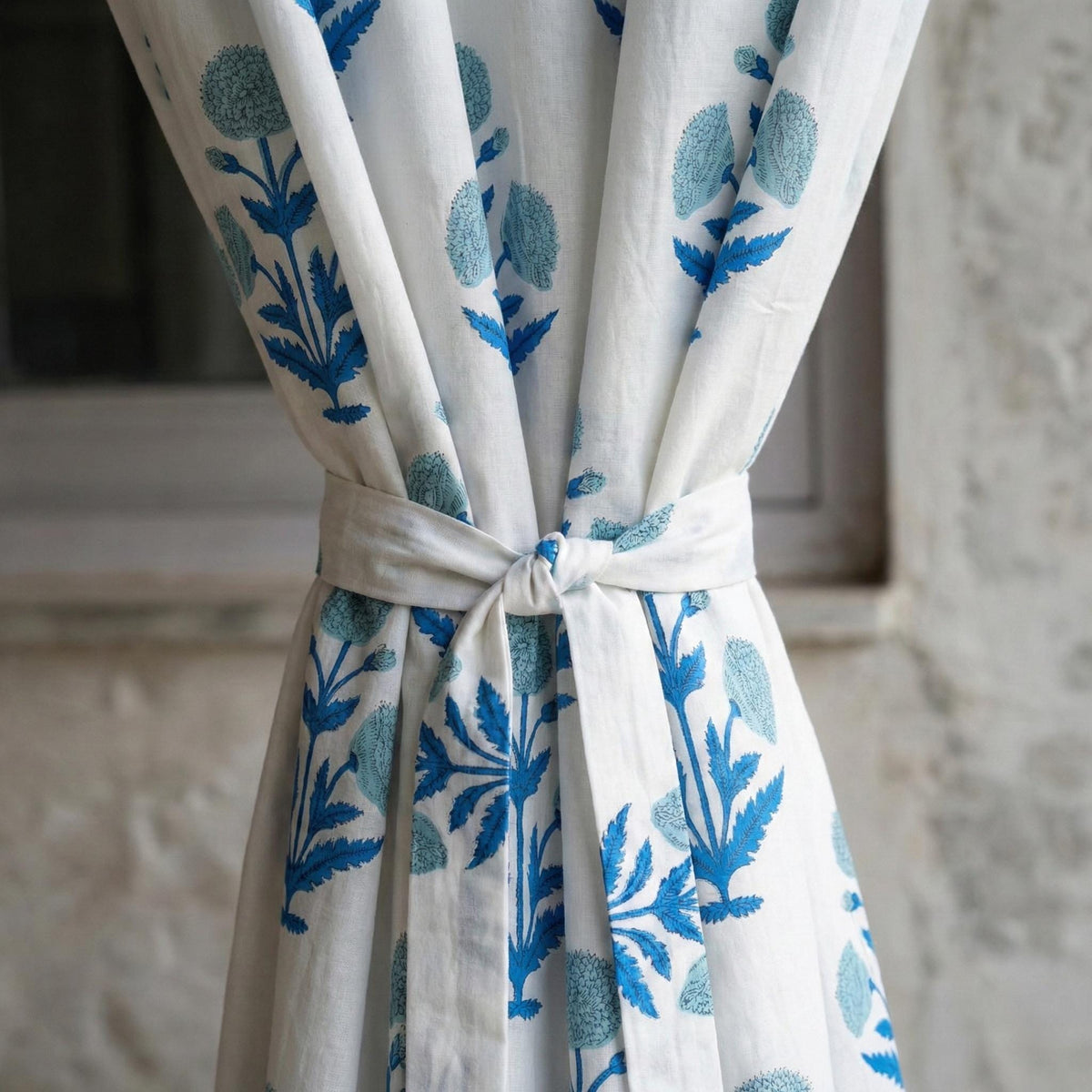 Blue Floral Block Print Organic Cotton Curtain, Custom Drapes — image 3