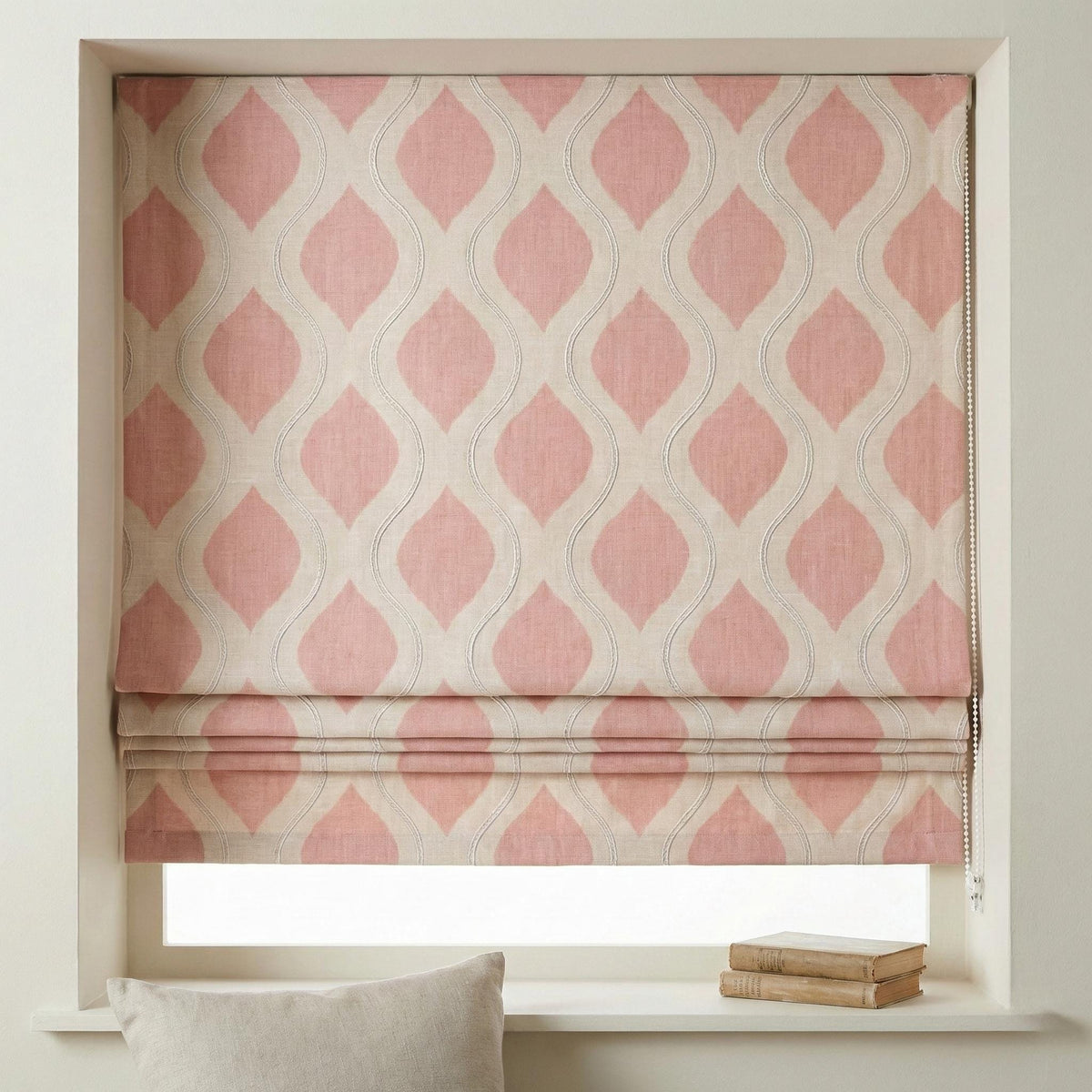 Blush Pink Ogee Linen Roman Shade, Embroidered Window Blind, Custom Size — image 1