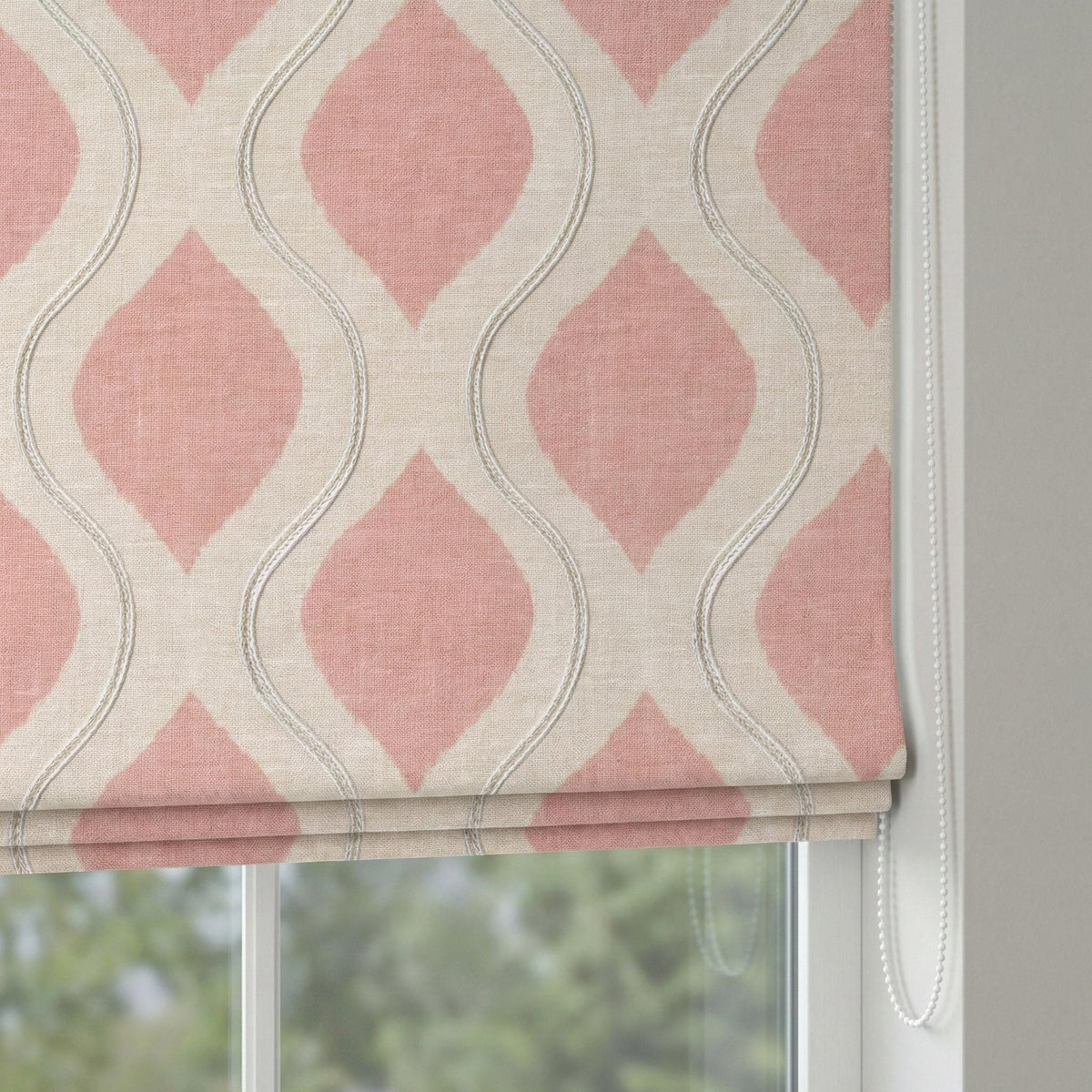 Blush Pink Ogee Linen Roman Shade, Embroidered Window Blind, Custom Size — image 3