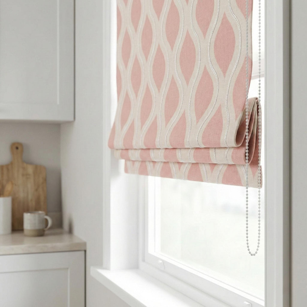 Blush Pink Ogee Linen Roman Shade, Embroidered Window Blind, Custom Size — image 4