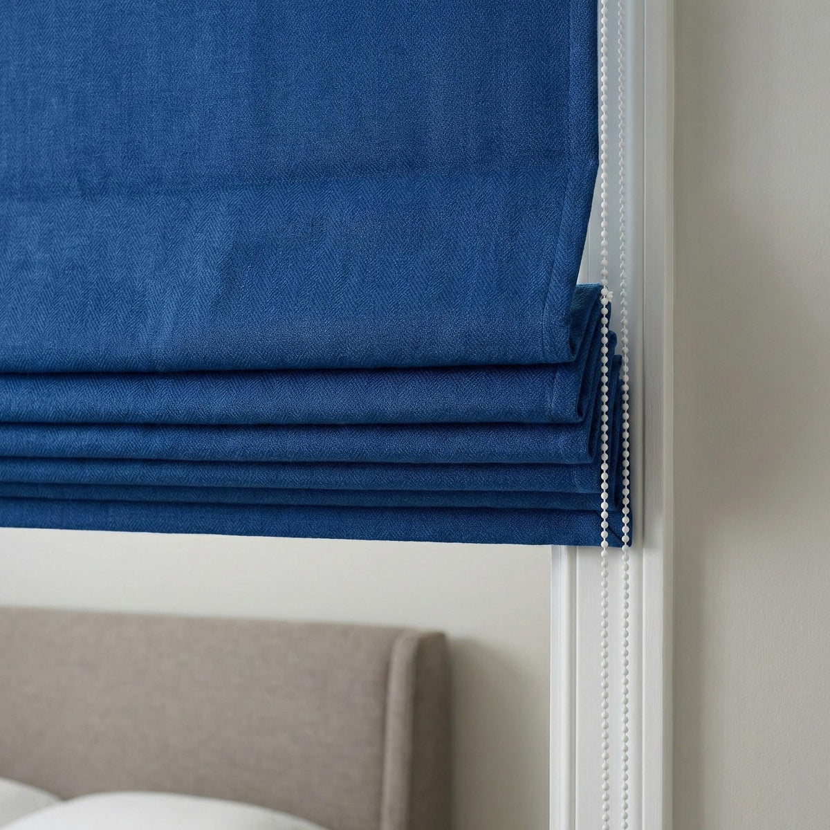Cobalt Blue Linen Roman Shade, Herringbone Corded Blind, OEKO-TEX — image 1