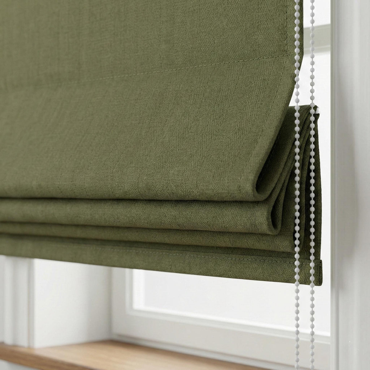 Olive Green Linen Roman Shade, Herringbone Corded Blind, Custom Size — image 1