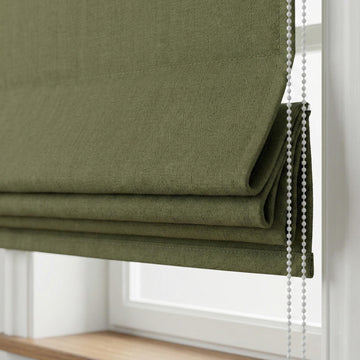 Olive Green Linen Roman Shade, Herringbone Corded Blind, Custom Size — image 1