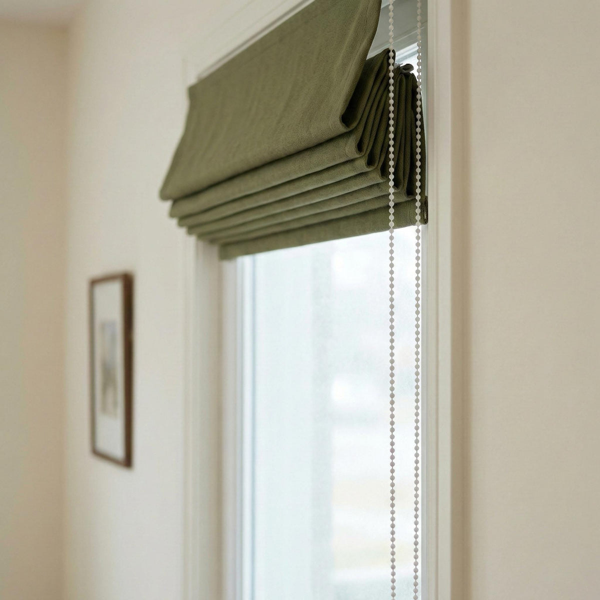 Olive Green Linen Roman Shade, Herringbone Corded Blind, Custom Size — image 2