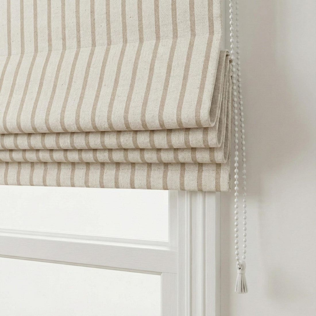 Beige Ticking Stripe Linen Roman Shade, OEKO-TEX, Custom Corded Roman Blind, Blackout or Light Filtering Liner, Farmhouse — image 1