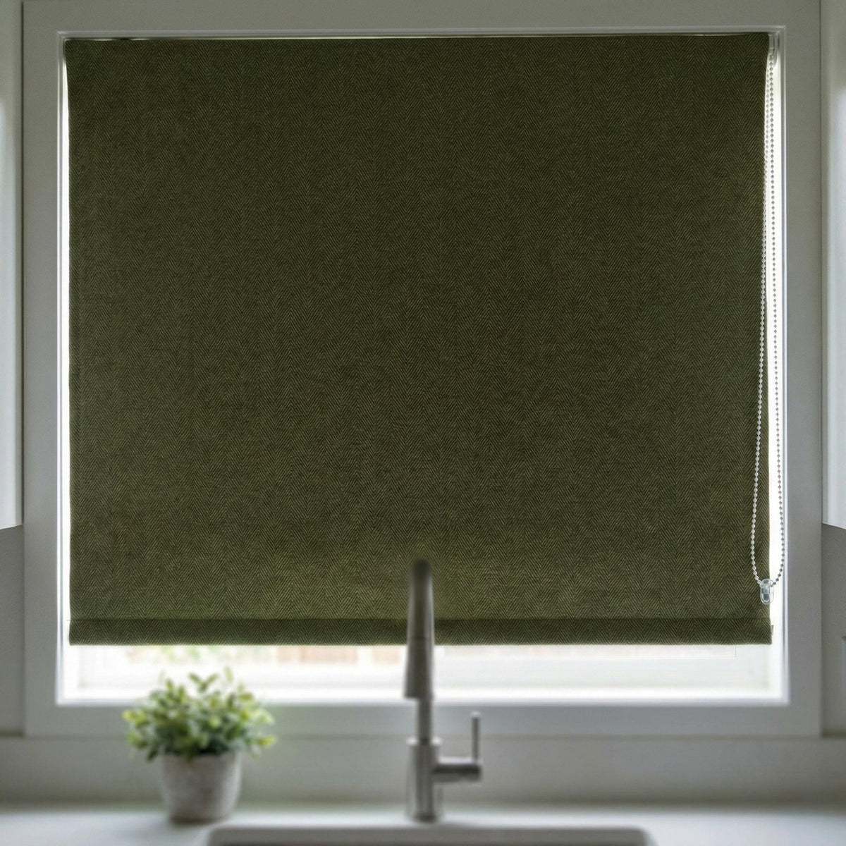 Olive Green Linen Roman Shade, Herringbone Corded Blind, Custom Size — image 3