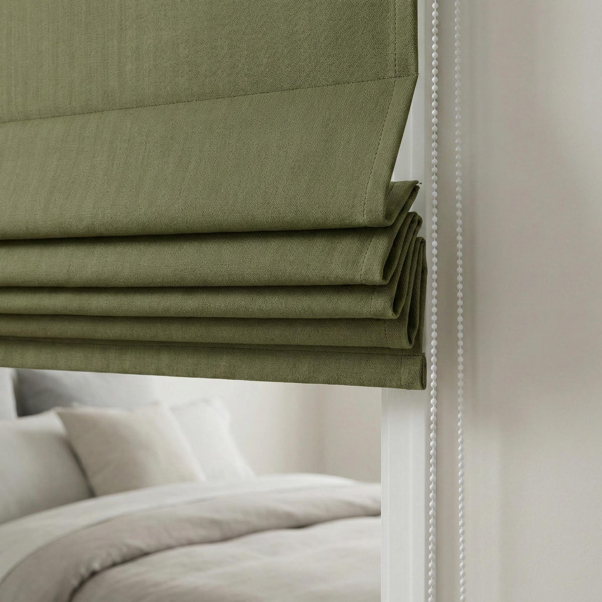 Olive Green Linen Roman Shade, Herringbone Corded Blind, Custom Size — image 6