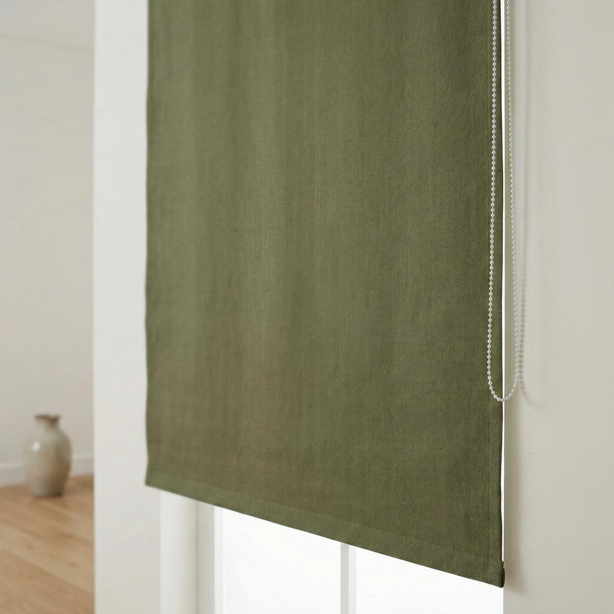 Olive Green Linen Roman Shade, Herringbone Corded Blind, Custom Size — image 10