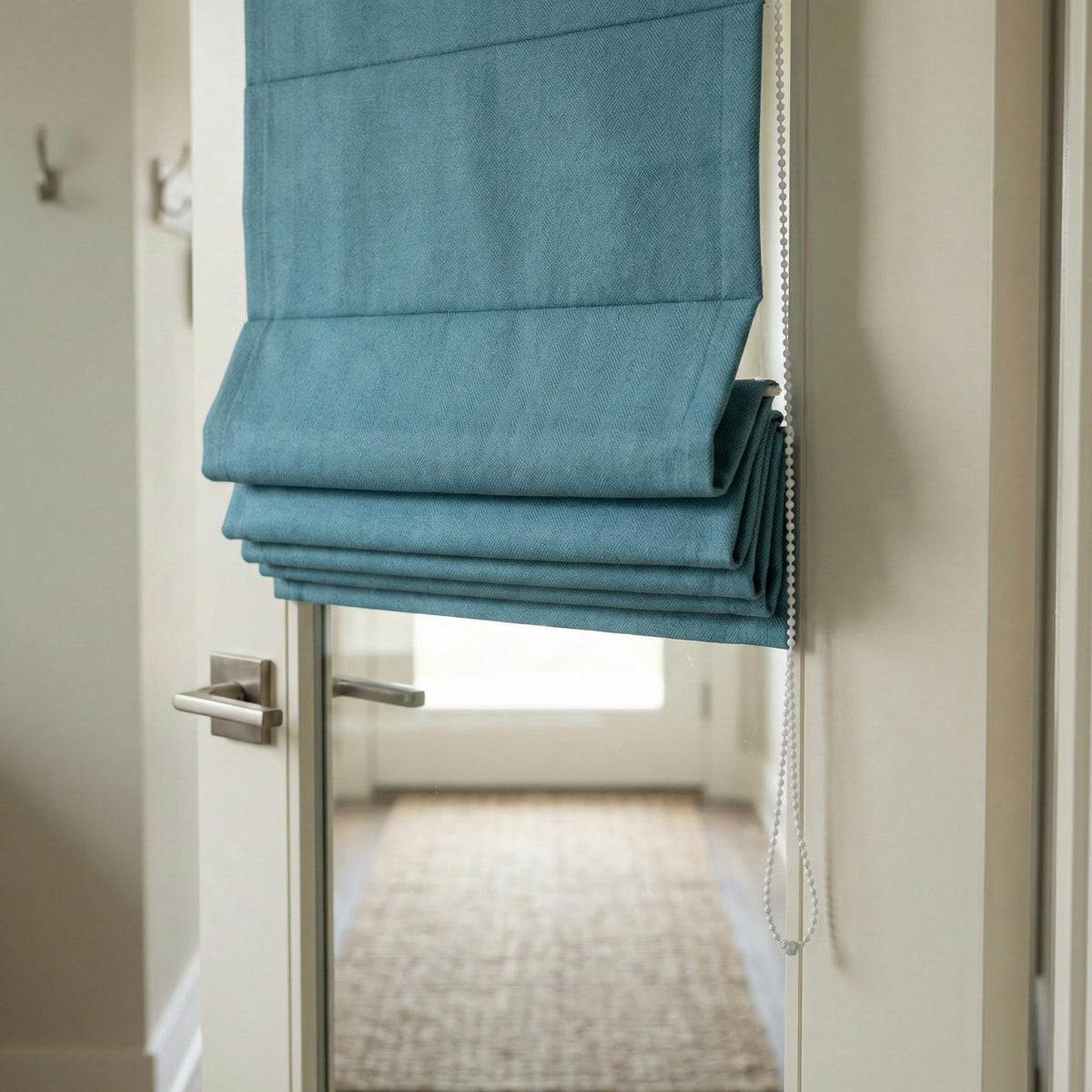 Custom Teal Blue Linen Herringbone Roman Shade, Blackout or Light Filtering — image 2