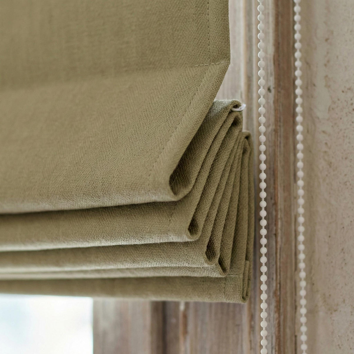 Custom Olive Sage Linen Herringbone Roman Shade, Blackout Option — image 2