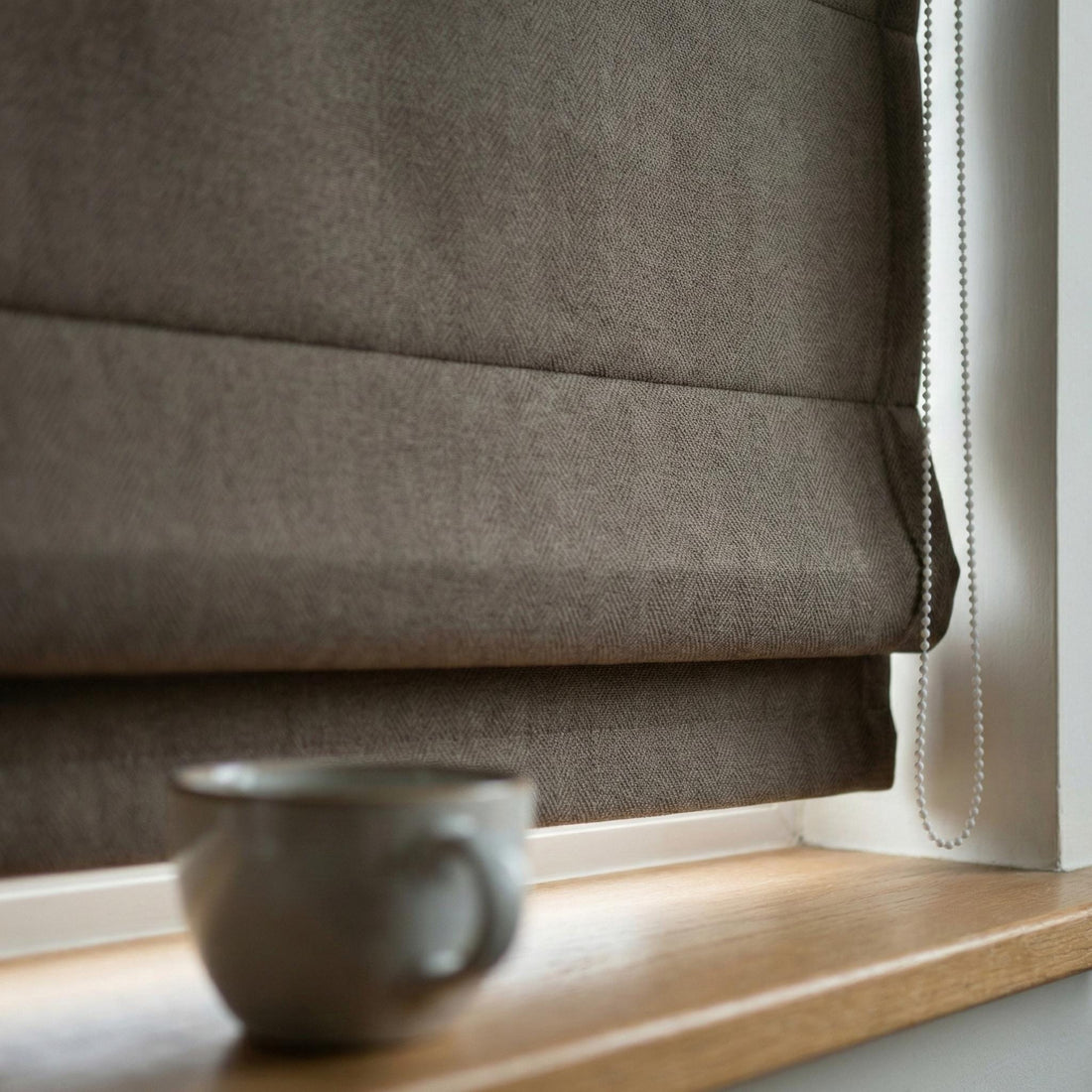 Herringbone Linen Roman Shade, Dark Taupe Custom Blind, OEKO-TEX — image 1