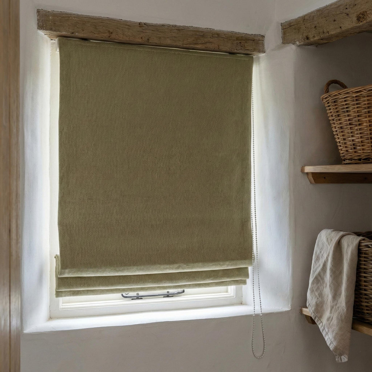 Custom Olive Sage Linen Herringbone Roman Shade, Blackout Option — image 3