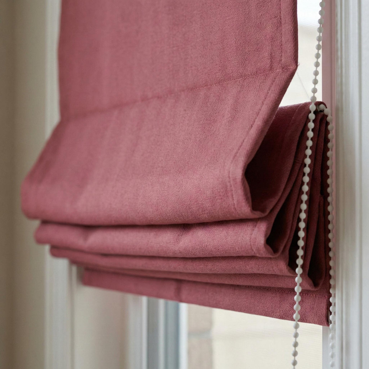 Custom Linen Roman Shade, Dusty Mauve Herringbone, Corded Window Blind — image 3