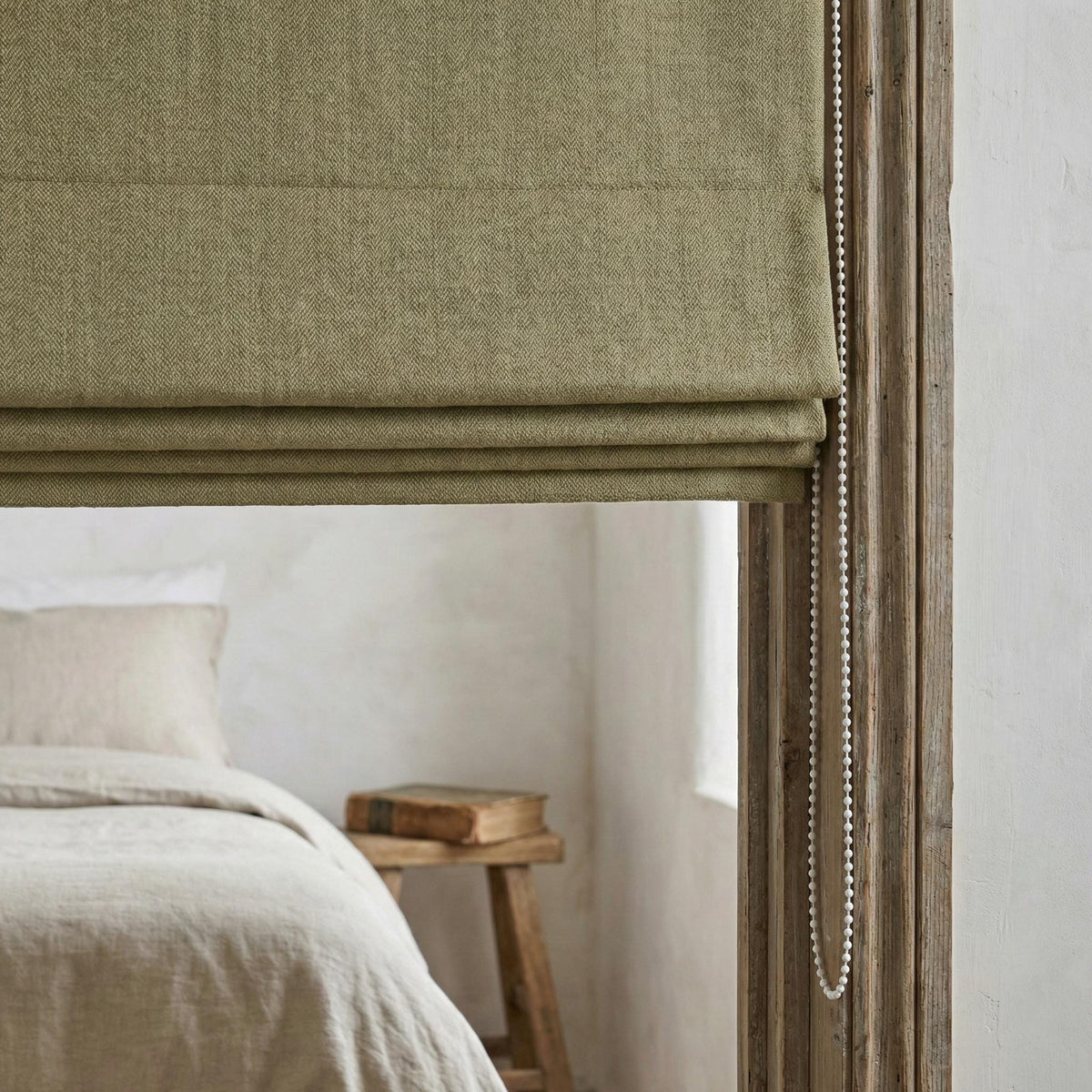 Custom Olive Sage Linen Herringbone Roman Shade, Blackout Option — image 4