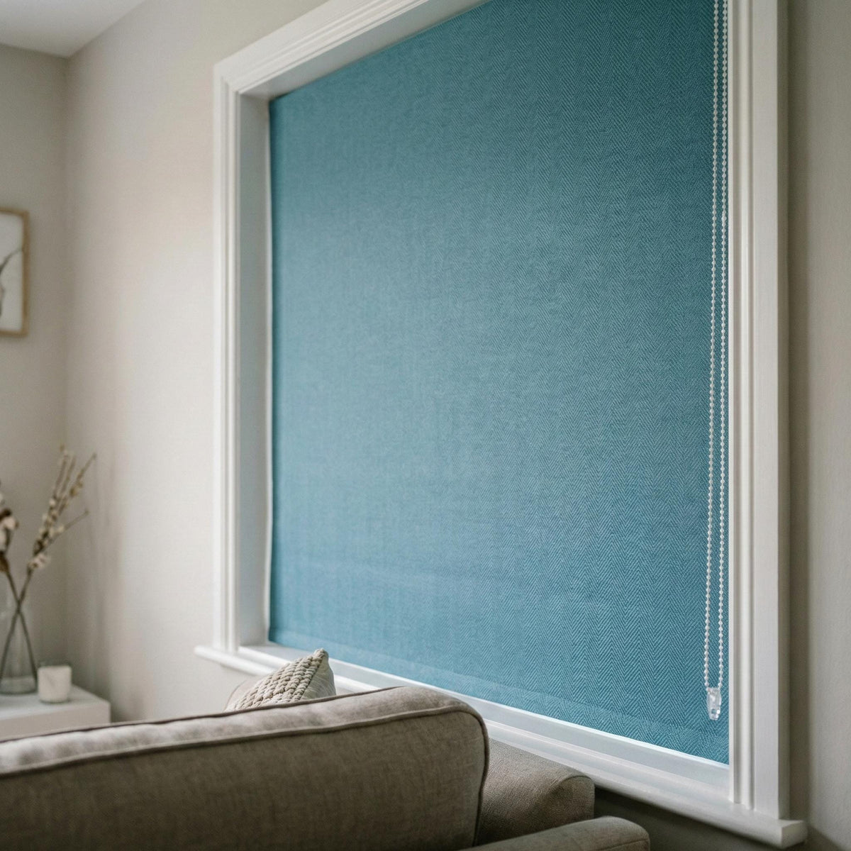 Custom Teal Blue Linen Herringbone Roman Shade, Blackout or Light Filtering — image 5