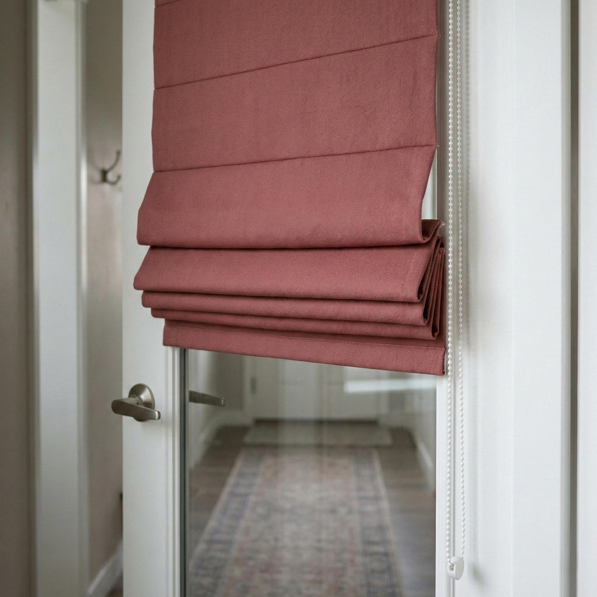 Custom Linen Roman Shade, Dusty Mauve Herringbone, Corded Window Blind — image 5