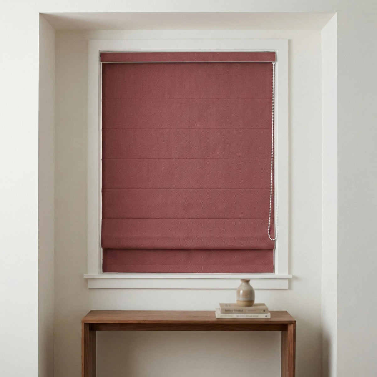 Custom Linen Roman Shade, Dusty Mauve Herringbone, Corded Window Blind — image 10