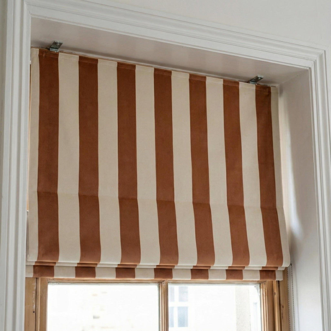 Rust Orange Stripe Velvet Roman Shade, Custom OEKO-TEX Corded Blind — image 1