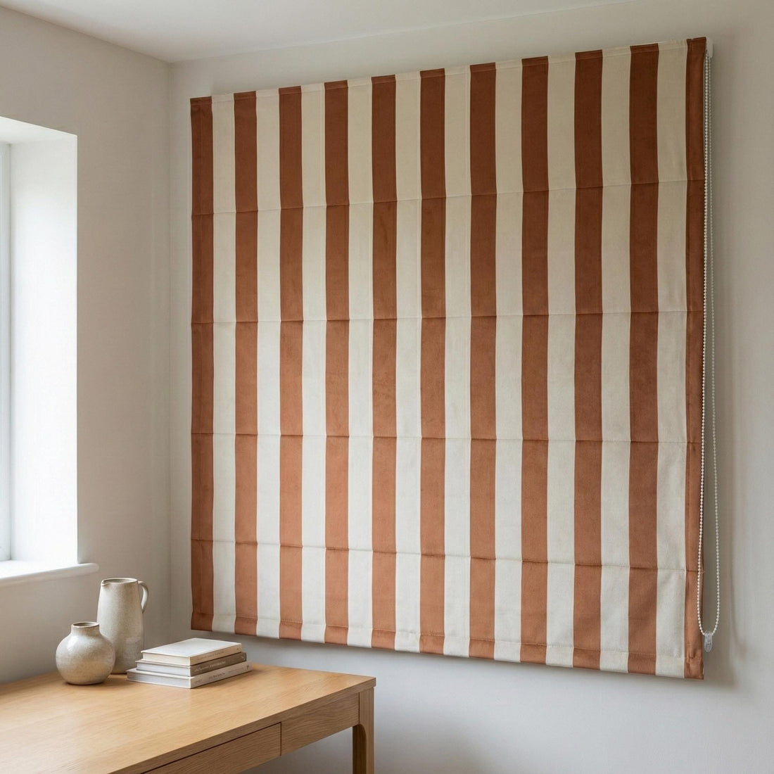 Rust Orange Stripe Velvet Roman Shade, Custom OEKO-TEX Corded Blind — image 1