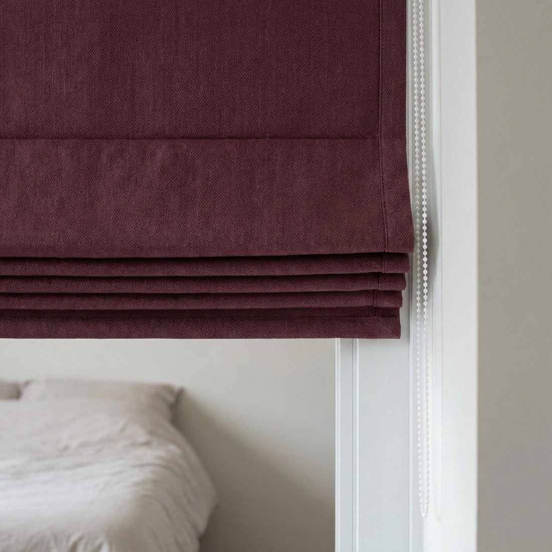 Burgundy Herringbone Linen Roman Shade, Custom Corded Window Blind — image 1
