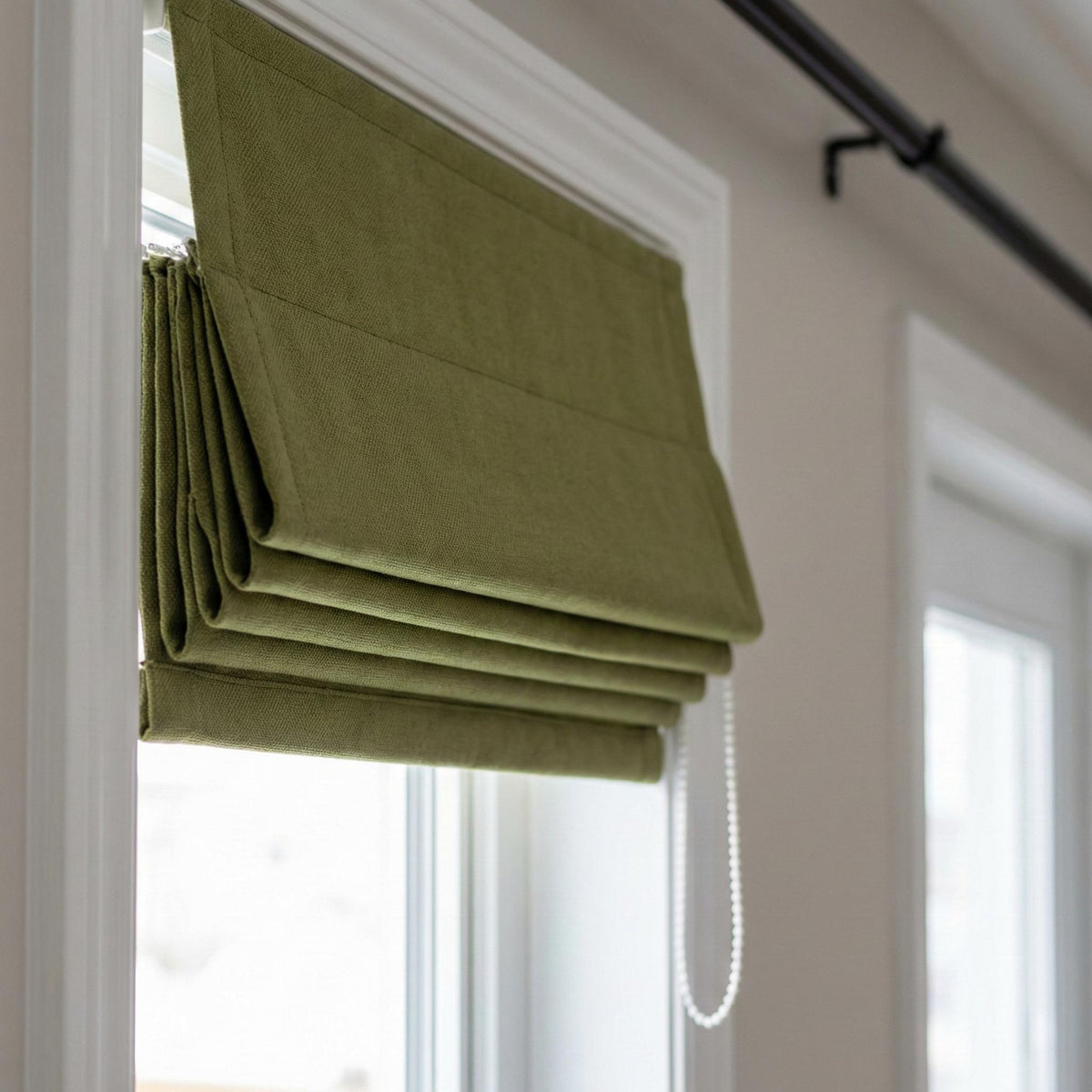 Olive Green Herringbone Linen Roman Shade, Custom Corded Blind, OEKO-TEX — image 2