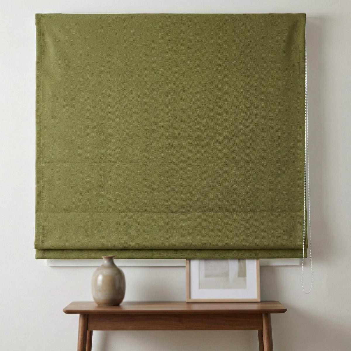 Olive Green Herringbone Linen Roman Shade, Custom Corded Blind, OEKO-TEX — image 3